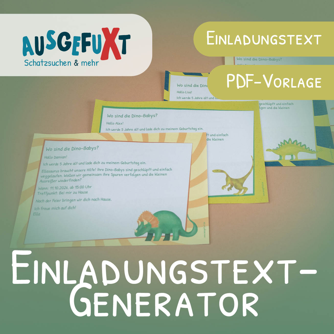 Dino-Einladungen erzeugt mit dem Einladungstext-Generator Dino-Einladungen erzeugt mit dem Einladungstext-Generator