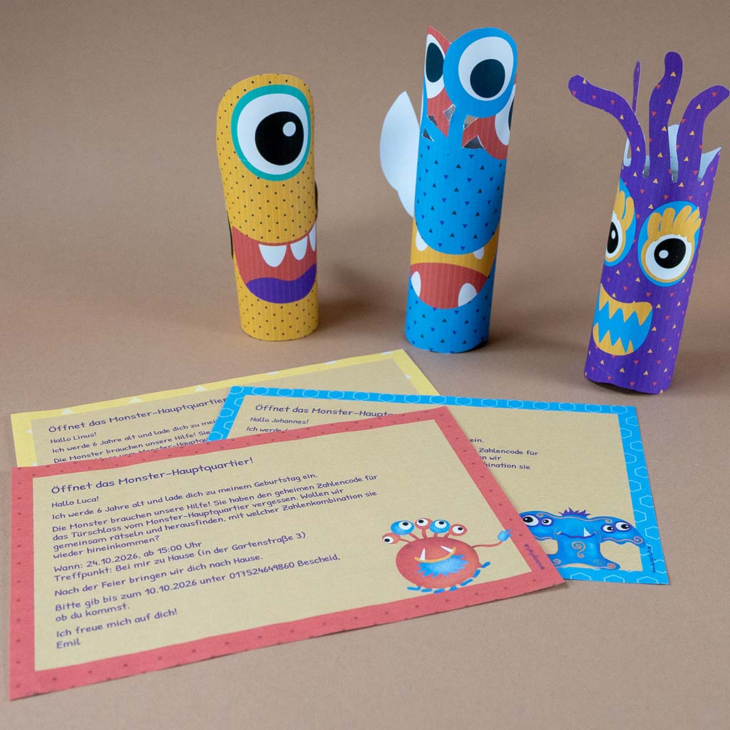 Gestaltete Monster-Einladung passend zur ausgefuXten Monster-Schatzsuche