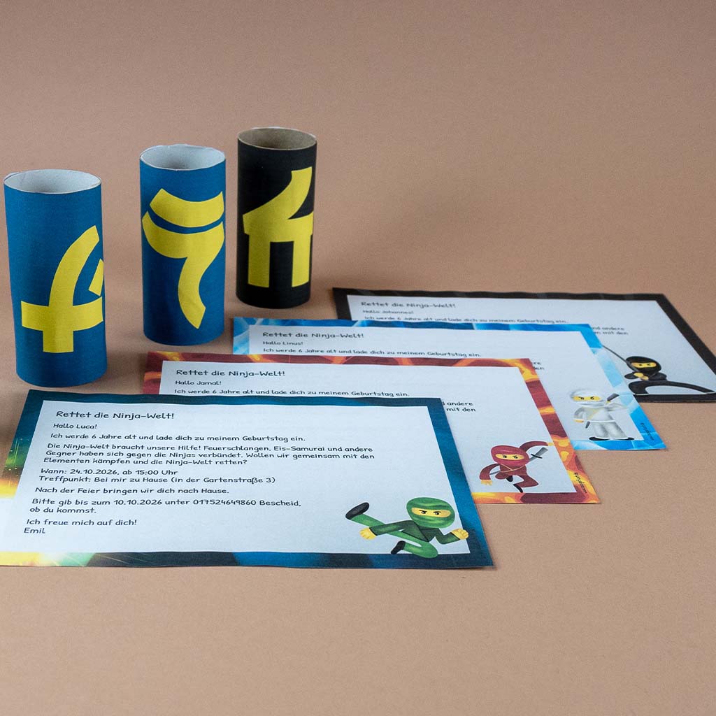 Einladungen zu unserer Ninja-Schatzsuche „Kampf der Elemente“ Einladungen zu unserer Ninja-Schatzsuche „Kampf der Elemente“