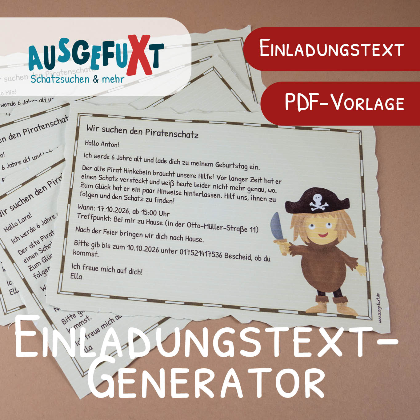 Piraten-Einladungen erzeugt mit dem Einladungstext-Generator