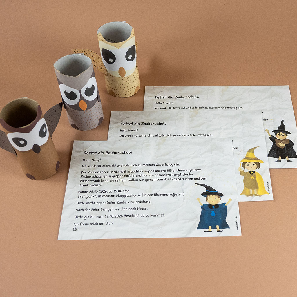 Die Eulenpost als Umschläge für Zauberer-Einladungen zum Kindergeburtstag Die Eulenpost als Umschläge für Zauberer-Einladungen zum Kindergeburtstag